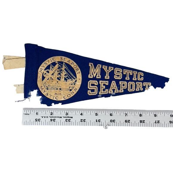 Mystic Seaport CT VINTAGE '70s Felt Pennant New England Tall Ships Colonial POOR - Picture 1 of 7